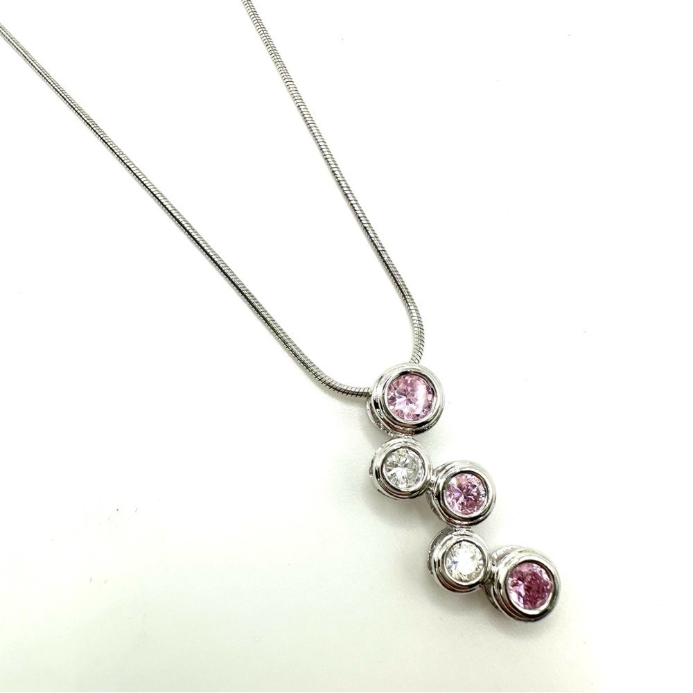 Sterling Silver Pink and Clear Stone CZ Pendant Necklace | N159